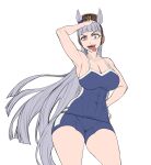  1girl abs animal_ears armpits blunt_bangs blunt_ends bow breasts brown_headwear cleavage commentary competition_school_swimsuit covered_abs covered_navel cowboy_shot ear_bow fukuro_(maruaru00) furrowed_brow gold_ship_(umamusume) grey_hair hand_on_own_head hand_on_own_hip highres horse_ears horse_girl horse_tail long_hair looking_at_viewer open_mouth pac-man_eyes pink_eyes purple_bow school_swimsuit sideboob simple_background solo swimsuit tail thighs toned tongue tongue_out umamusume uneven_eyes v-shaped_eyebrows very_long_hair white_background 