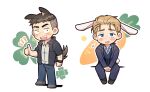  2boys animal_ears bara black_eyes black_hair black_jacket blonde_hair blue_eyes blue_shirt blue_vest blush carrot chain_necklace chibi clover david_king_(dead_by_daylight) dead_by_daylight denim dog_boy dog_ears dog_tail eyebrow_cut facial_hair felix_richter flying_sweatdrops four-leaf_clover full_body hair_slicked_back highres jacket jeans jewelry kemonomimi_mode looking_at_viewer male_focus multiple_boys necklace open_clothes open_jacket pants purple_jacket purple_pants rabbit_boy rabbit_ears rabbit_tail shirt shoes short_hair simple_background sitting smile sneakers sparse_arm_hair stubble tail thick_eyebrows thumbs_up undercut vest wasted_m9 watch white_background white_shirt wristwatch 