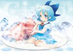  bare_shoulders barefoot berry_jou blue_eyes blue_hair blush bow cirno food frozen fruit hair_bow ice in_food minigirl plate ribbon short_hair sitting solo spoon strawberry touhou wariza 