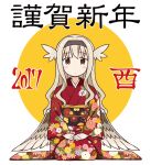  1girl 2017 black_hairband blonde_hair brown_eyes chinese_zodiac commentary_request dot_mouth dot_nose feathered_wings floral_print full_body furisode hairband hands_on_own_knees head_wings japanese_clothes kimono light_blush long_hair long_sleeves looking_at_viewer miwatari_tsurara nekotoufu nengajou new_year obi onii-chan_wa_oshimai! print_kimono red_kimono sash seiza simple_background sitting solo translated wavy_hair white_background wide_sleeves wings year_of_the_rooster yellow_background 
