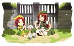  bad_id bad_pixiv_id baozi blush bow braid closed_eyes eating food gate hachi_(8bit_canvas) hair_bow hat highres hong_meiling long_hair multiple_girls open_mouth orange_(touhou) red_hair sitting smile star touhou touhou_(pc-98) 