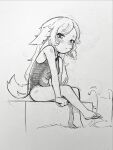  1girl barefoot blush child commentary english_commentary highres long_hair looking_at_viewer monochrome one-piece_swimsuit original pool renocoffee sitting solo swimsuit tail traditional_media 