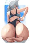  1girl adjusting_clothes adjusting_swimsuit animal_ear_fluff animal_ears arm_behind_back ass ass_focus barefoot black_one-piece_swimsuit blue_archive blue_eyes blue_halo blue_one-piece_swimsuit blush breasts commentary_request competition_swimsuit covered_mouth earrings extra_ears feet fingernails from_behind from_below grey_hair halo highleg highleg_swimsuit highres jewelry long_fingernails long_hair looking_back low_ponytail medium_breasts multicolored_clothes multicolored_swimsuit nail_polish official_alternate_costume one-piece_swimsuit one-piece_thong partially_visible_vulva pink_nails seiza shiroko_(blue_archive) shiroko_(swimsuit)_(blue_archive) sitting soles solo stud_earrings swimsuit toenails toes tomi27 two-tone_swimsuit wet wolf_ears 