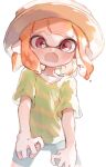  1girl dot_nose fangs green_shirt hat highres inkling_girl inkling_player_character medium_hair open_mouth orange_hair pointy_ears red_eyes shirt simple_background skin_fangs solo splatoon_(series) standing striped_clothes striped_shirt tentacle_hair thick_eyebrows two-tone_shirt white_background yellow_shirt yksb_inc6 