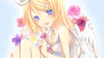  angel_wings blonde_hair blue_eyes fang flower hair_ornament hair_ribbon hairpin highres kagamine_rin open_mouth red_string ribbon shirt short_hair sleeveless sleeveless_shirt smile solo string vocaloid wings yayoi_(egoistic_realism) 
