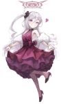  1girl alternate_costume bag_(chrko_bag) bare_shoulders blue_archive closed_mouth dress full_body halo heart high_heels highres looking_at_viewer mutsuki_(blue_archive) purple_eyes red_dress side_ponytail smile solo white_background white_hair 