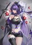  1girl absurdres acheron_(honkai:_star_rail) arm_up bakemonsou black_choker black_gloves breasts choker cleavage gloves hair_over_one_eye highres honkai:_star_rail honkai_(series) long_hair looking_at_viewer lying midriff navel purple_eyes purple_hair shorts single_bare_shoulder solo stomach very_long_hair 