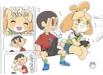 animal_crossing anthro bottomwear clothed clothed_female clothed_male clothing duo erection erection_under_clothing eyes_closed female gaming genitals gesture green_clothing happy haramikarubi human isabelle_(animal_crossing) long_penis looking_aside looking_at_another male mammal nintendo penis skirt smile thumbs_up villager_(animal_crossing)