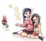  2girls azumanga_daiou black_hair blood blush crossover glasses grooveamada head_on_shoulder kaori_(azumanga_daiou) long_hair minakami_mai multiple_girls nichijou sakaki school_uniform sitting surprised tokisadame_school_uniform 