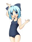  bad_id bad_pixiv_id blue_eyes blue_hair bow cirno hair_bow kinakomoti one-piece_swimsuit open_mouth school_swimsuit simple_background skin_tight solo swimsuit touhou 