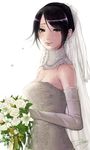  bare_shoulders black_hair bouquet detached_collar dress earrings elbow_gloves flower gloves highres jewelry original short_hair simple_background smile solo tears wedding wedding_dress zozo 