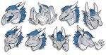 anthro bared_teeth blue_hair dragon eyes_closed facepalm gesture green_eyes grey_body hair hi_res horn khyaber male multiple_images narrowed_eyes open_mouth pupils scales scalie shrug simple_background slit_pupils solo thinking_pose thumbs_up waving waving_at_viewer white_background white_body white_horn white_scales yawn