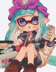  1girl :o black_shorts blue_eyes blue_hair bow bow_hairband brown_footwear can commentary_request cross-laced_footwear drink_can gun hair_bow hairband heavy_edit_splatling_(splatoon) highres holding holding_can inkling_girl inkling_player_character long_hair looking_at_viewer ochocho2828 open_mouth pointy_ears purple_bow purple_hairband sailor_collar sailor_shirt shirt shoes shorts simple_background sitting soda_can solo splatoon_(series) splatoon_3 tentacle_hair weapon white_background 