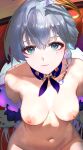  1girl absurdres blue_eyes breasts c1718259 closed_eyes collarbone detached_collar elbow_gloves eyelashes gloves grey_hair hair_between_eyes halo head_wings highres honkai:_star_rail honkai_(series) light_smile linea_alba looking_at_viewer medium_breasts navel nipples pink_lips robin_(honkai:_star_rail) solo wings 