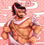  1boy abs asian bara bare_pectorals beard brown_hair ceridonia cupid_hanzo dark-skinned_male dark_skin facial_hair flower_tattoo full_beard greco-roman_clothes hanzo_(overwatch) highres large_pectorals magical_boy male_focus mature_male muscular muscular_male navel_hair nipples official_alternate_costume overwatch overwatch_2 pectorals pink_wings seductive_smile short_hair smile solo tattoo thick_eyebrows tiara undressing upper_body valentine wings 