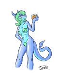 alcohol beverage blue_body breasts camel_toe choker collarbone dragon eyelashes eyes_closed female glistening glistening_body green_hair hair hi_res horn jewelry mostly_nude navel necklace nipples pasties portrait reptile scalie serth solo tail three-quarter_portrait underbelly