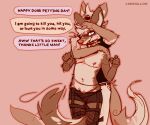 2024 anthro biped blush brown_body brown_fur canid canine clothed clothing dialogue digital_media_(artwork) domestic_ferret duo english_text fur head_pat lawyerdog maki_(lawyerdog) male mammal maned_wolf mastectomy_scar mustelid musteline petting pink_nose scar tan_body tan_fur text topless topless_anthro topless_male trans_(lore) trans_man_(lore) true_musteline visibly_trans weasel white_body white_fur