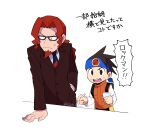  ._. 2boys backpack bag brown_hair chiha_bobobo commentary_request desk facial_hair formal glasses goatee hand_in_pocket headband height_difference highres lan_hikari_(mega_man) male_focus mega_man_(series) mega_man_battle_network_(series) mega_man_battle_network_6 mr._match_(mega_man) multiple_boys official_alternate_costume personal_terminal red_hair short_hair simple_background suit translation_request white_background 