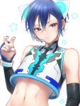  1boy absurdres after0217 armpit_peek blue_eyes blue_hair blue_nails commentary crop_top detached_sleeves hair_between_eyes highres kaito_(vocaloid) looking_to_the_side male_focus mouthpiece nail_polish navel neko_cyber_(module) project_diva_(series) short_hair signature sleeveless solo star_(symbol) upper_body v vocaloid white_background 