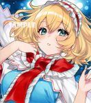  alice_margatroid ascot blonde_hair blue_background blush breasts capelet chacham commentary_request frilled_ascot frilled_hairband frills hairband medium_breasts medium_hair parted_lips red_ascot red_hairband touhou traditional_media upper_body white_capelet 