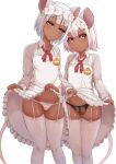  2girls animal_ears black_panties blush cameltoe clothes_lift daikokuten_(fate) dark-skinned_female dark_skin dress dress_lift fate/grand_order fate_(series) garter_straps ginger_l grey_hair highres lifted_by_self looking_at_viewer maid maid_headdress mixed-language_commentary mouse_ears mouse_girl mouse_tail multiple_girls panties pink_hair red_eyes simple_background smile tail thighhighs underwear white_background white_panties white_thighhighs 