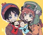  2boys ahoge arm_on_shoulder beanie black_hair blue_eyes fur_hat gloves green_eyes grin halloween_(owo) hand_puppet hat jacket kyle_broflovski long_sleeves male_focus multiple_boys open_mouth orange_hair phillip_niles_argyle pom_pom_(clothes) pom_pom_beanie puppet smile south_park stan_marsh terrance_henry_stoot ushanka yellow_background 