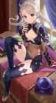  1girl absurdres alternate_costume blue_cape blue_panties bodystocking book book_stack braid breasts bridal_gauntlets cape closed_mouth commission commissioner_upload cosplay covered_navel crystal_ball dark_mage_(fire_emblem_fates) fire_emblem fire_emblem_fates grey_eyes haru_(nakajou-28) highres lone_nape_hair looking_at_viewer low_twin_braids low_twintails nina_(fire_emblem) non-web_source nyx_(fire_emblem) nyx_(fire_emblem)_(cosplay) panties papers parted_bangs revealing_clothes sitting skeb_commission skin_tight small_breasts solo thighhighs toeless_footwear toeless_legwear turtleneck twin_braids twintails two-tone_legwear underwear 