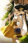  1girl bag black_hair blonde_hair bow-shaped_hair callie_(splatoon) commentary_request earrings eyelashes feet_out_of_frame gradient_hair handbag high-waist_skirt highres holding holding_bag jewelry long_hair looking_at_viewer mole mole_under_eye multicolored_hair nomu_(29_nom) open_mouth orange_eyes outdoors pointy_ears skirt smile solo splatoon_(series) standing star-shaped_pupils star_(symbol) symbol-shaped_pupils teeth tentacle_hair thick_eyebrows two-tone_hair yellow_skirt 