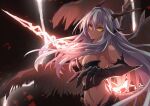  1girl ancient_dragon_lansseax breasts chinese_commentary cleavage closed_mouth commentary_request dragon_girl dragon_horns dragon_wings elden_ring electricity electrokinesis fibonacci_no_usagi frown grey_hair highres holding_lightning_bolt horns large_breasts long_hair looking_at_viewer multiple_wings orange_eyes personification red_lightning slit_pupils solo very_long_hair wings 