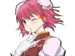  :o bandages bangs bun_cover chestnut_mouth double_bun finger_to_mouth flower hands heart ibaraki_kasen one_eye_closed pink_eyes pink_flower pink_hair pink_rose rose short_hair simple_background solo toron_(mino106) touhou upper_body 