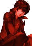  1boy amamiya_ren blazpu coat gloves hair_between_eyes high_collar highres long_sleeves looking_at_viewer male_focus monochrome open_clothes open_coat open_hand pants parted_lips persona persona_5 red_theme simple_background solo 