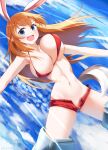  1girl absurdres animal_ears bikini blue_eyes blush bouncing_breasts breasts charlotte_e._yeager flying highres hiroshi_(hunter-of-kct) large_breasts long_hair looking_at_viewer navel open_clothes open_mouth open_shorts orange_hair rabbit_ears rabbit_girl rabbit_tail red_bikini red_shorts shorts sky smile solo strike_witches striker_unit swimsuit tail world_witches_series 