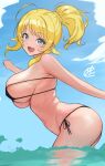  1girl :d bikini black_bikini blonde_hair blue_eyes breasts c_(theta) commentary_request hachimiya_meguru highres idolmaster idolmaster_shiny_colors large_breasts looking_at_viewer open_mouth ponytail side-tie_bikini_bottom signature smile solo swimsuit thighs 