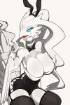 anthro big_breasts blue_eyes bombeebus breasts bunny_costume clothed clothing costume dragon fake_ears fake_rabbit_ears female fur generation_5_pokemon hi_res legendary_pokemon legwear looking_at_viewer nintendo pokemon pokemon_(species) reshiram simple_background smile solo white_body white_fur