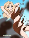  1girl armpits arms_behind_head blonde_hair blue_eyes blush breasts chocolate dated girls_und_panzer highres kay_(girls_und_panzer) large_breasts long_hair naotosi navel nude open_mouth outdoors signature sky solo 