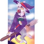 anthro arcanis_(hahaluckyme) blurred_background bread broom bunnibeatz calico_cat cleaning_tool clothing digital_media_(artwork) domestic_cat felid feline felis food food_in_mouth fur hair hat headgear headwear holding_object mammal outside purple_clothing purple_hat purple_headwear purple_robe red_eyes robe solo white_body white_fur white_hair witch_hat yellow_body yellow_fur