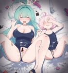  2girls absurdres ahoge bandaid bar_censor bare_arms bare_legs bare_shoulders black_one-piece_swimsuit blue_archive blush breasts censored cleavage closed_eyes clothing_aside cum cum_in_pussy dildo green_hair halo haniwa_(statue) highres hoshino_(blue_archive) hoshino_(young)_(blue_archive) huge_ahoge large_breasts long_hair mintchoco_(minchothudong) multiple_girls one-piece_swimsuit open_mouth pink_hair pussy school_swimsuit sex_toy short_hair small_breasts swimsuit swimsuit_aside yellow_halo yume_(blue_archive) 