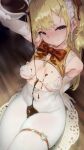  1girl arm_up aya_shobon bare_shoulders blonde_hair blush bow bowtie bra breasts breasts_apart chocolate chocolate_on_body chocolate_on_breasts chocolate_syrup covered_navel covered_nipples elbow_gloves food_on_body gloves green_eyes grin highres hikimayu long_hair looking_at_viewer maid_headdress original pantyhose sitting smile solo sweat thigh_strap underwear white_bra white_gloves white_pantyhose 