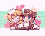  2boys :&gt; :3 animal animal_on_head blonde_hair blue_eyes blush_stickers brown_coat brown_headwear brown_pants chain chibi chibi_only coat colored_skin gold_bracelet gold_necklace hat heart heaven_ascended_dio holding holding_animal holding_rabbit jewelry jojo_no_kimyou_na_bouken jojo_no_kimyou_na_bouken:_eyes_of_heaven kotorai kujo_jotaro long_hair male_focus multiple_boys necklace no_nose on_head pants purple_skin rabbit rabbit_on_head sitting 