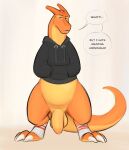 2024 anthro balls big_balls big_penis bottomless bottomless_anthro bottomless_male casual_exposure charizard claws clothed clothing dialogue digitigrade english_text eyebrows flaccid footwear foreskin front_view frown generation_1_pokemon genitals grey_background hi_res hoodie horn humanoid_genitalia humanoid_penis male narrowed_eyes nintendo penis pokemon pokemon_(species) razzper scales simple_background socks solo standing text thick_thighs toeless_footwear toeless_socks topwear wide_hips