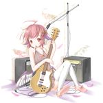  alternate_costume animal_ears earrings feathers giwa guitar hair_ornament highres instrument jewelry microphone microphone_stand mouth_hold mystia_lorelei no_hat no_headwear pink_hair plectrum red_eyes short_hair sitting solo thighhighs touhou white_legwear wings 