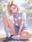  1girl ai-generated android_18 blonde_hair dragon_ball dragon_ball_super dragon_ball_z highres legs legs_apart medium_hair miniskirt panties pervert_female school_uniform sexually_suggestive skirt smile solo solo_focus underwear uniform white_panties 