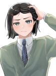  1boy black_hair blue_necktie blush closed_mouth collared_shirt fate/zero fate_(series) green_sweater hair_ornament hairclip hand_on_own_head highres looking_at_viewer male_focus necktie nervous shirt short_hair solo striped_necktie sweatdrop sweater tokoni_fusu upper_body waver_velvet white_background white_shirt 