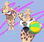 anthro ball beach_ball big_breasts breasts clothing ear_piercing ear_ring eating eating_food eating_pizza female food fur giraffe giraffid green_eyes hi_res huge_breasts inflatable kassidy_(olibur) looking_at_viewer mammal markings olibur piercing pizza pizza_slice pizza_slut ring_piercing smile smiling_at_viewer solo spots spotted_body spotted_fur swimwear thick_thighs