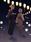  1boy 1girl black_shawl blonde_hair blurry blurry_background candy_apple cogita_(pokemon) eating expressionless floral_print flower flower_(symbol) food full_body grey_eyes grey_hair hair_bun hair_over_one_eye highres holding_hands japanese_clothes kimono lantern looking_at_another machi_(chrismt) mature_female new_year night open_mouth pale_skin paper_lantern pokemon pokemon_legends:_arceus sandals shawl standing summer_festival upper_body volo_(pokemon) walking yukata 