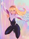  1girl :d absurdres arm_up black_bodysuit black_hairband blonde_hair blue_eyes bodysuit day floating_hair full_body gwen_stacy hairband highres holding long_hair looking_at_viewer marvel open_mouth outdoors smile solo spider-gwen spider-man:_into_the_spider-verse spider-man_(series) spider-verse sushi_pizza_rrr two-tone_bodysuit white_bodysuit 