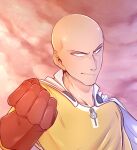  1boy bald black_eyes bodysuit cape clenched_hand closed_mouth commentary english_commentary gloves kyosein male_focus one-punch_man outdoors red_gloves saitama_(one-punch_man) smile solo white_cape yellow_bodysuit 