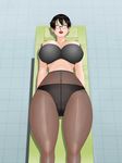  bra breasts crotch_seam earrings eyes_closed glasses hips jewelry large_breasts legwear lipstick lying makeup milf panties panties_under_pantyhose pantyhose short_hair solo stockings thighhighs underwear zigzag_company 