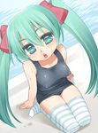  blush breasts covered_nipples green_eyes green_hair hatsune_miku large_breasts long_hair one-piece_swimsuit open_mouth school_swimsuit solo striped striped_legwear suzune_rai swimsuit thighhighs twintails very_long_hair vocaloid 