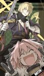  2boys ;d astolfo_(fate) black_ribbon blonde_hair cape checkered_background double_v durandal_(fate) fate/grand_order fate_(series) fur-trimmed_cape fur_trim gloves grin hair_between_eyes hair_ribbon highres holding holding_sword holding_weapon juliet_sleeves kankan33333 long_sleeves multiple_boys necktie one_eye_closed open_mouth outline pink_hair pink_necktie pink_ribbon puffy_sleeves ribbon roland_(fate) shoulder_belt sleeve_ribbon smile sword v weapon white_gloves white_outline 